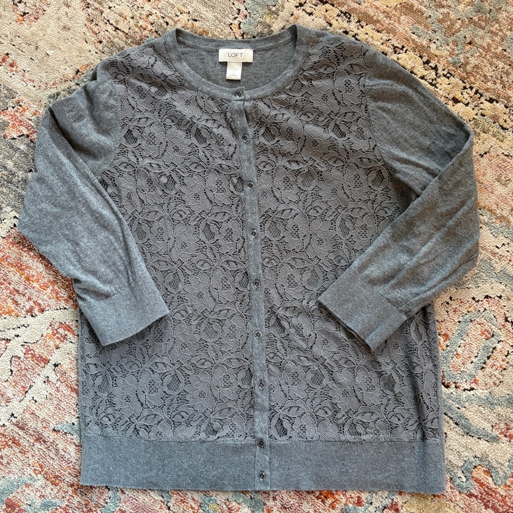 Loft Lace Cardigan Button Down Large Grey